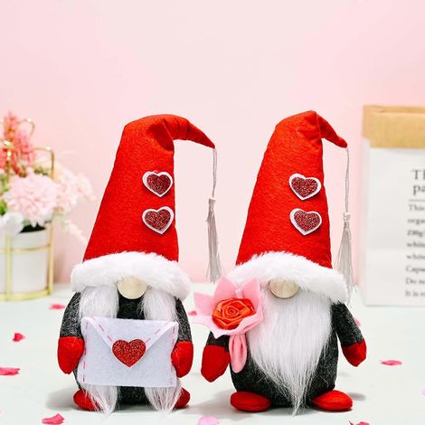 Lot de 2 gnomes en peluche pour la Saint-Valentin, Monsieur et Madame Tomte scandinaves, décorations elfiques en forme de cœur et de fleur, figurines de gnomes suédois. (1/4)