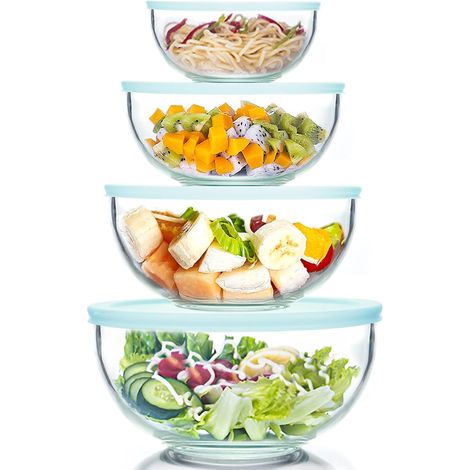 Lot de 4 bols en verre avec couvercles, résistants à la chaleur (3,5 l, 2 l, 1 l, 0,5 l), saladiers transparents avec couvercles sans BPA pour cuisine, micro-ondes, lave-vaisselle (1/5)