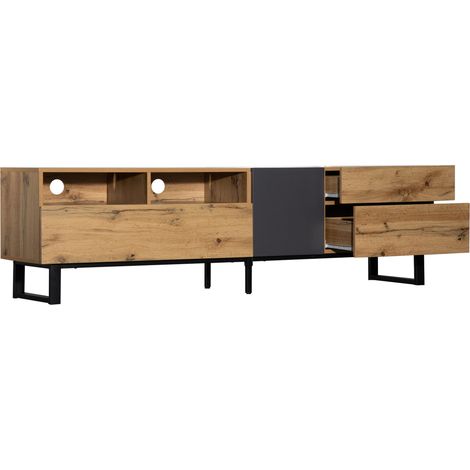 Meuble TV moderne 180 cm effet bois avec rangement et pieds en métal noir (1/5)