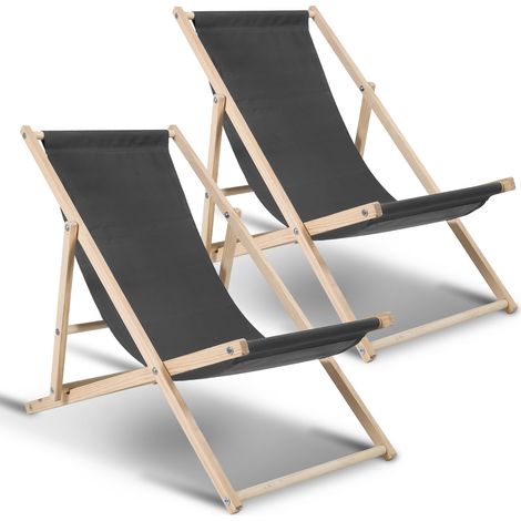 Wolketon 2X Chilienne de jardin Chaise longue pliante Confortable Balcon Bois Chaise longue 120 kg Gris