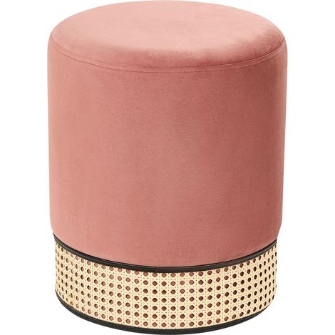 Pouf imbottito in velluto rosa e rattan intrecciato Yankton (1/5)