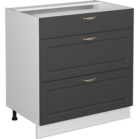 Mobiletto base per cucina Fame-Line, Antracite-oro, 80 cm con 3 cassetti, senza piano di lavoro, Vicco