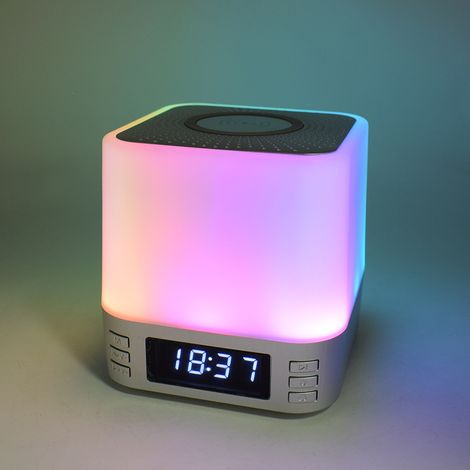 Veilleuse Bluetooth avec haut-parleur intégré, charge rapide sans fil 15 W, réveil Bluetooth avec bruit blanc, lampe de chevet tactile à intensité variable et couleurs changeantes, sans fil. (1/5)