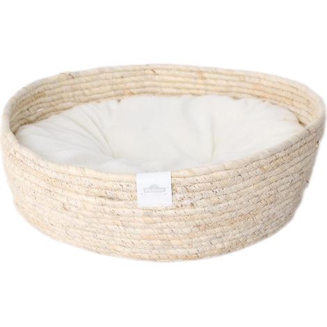1 - Panier pour chat - Coussin réversible - Lit surélevé en feuilles de maïs tressées et peluche - Pour intérieur - Blanc/Beige - 38x13 cm (1/5)