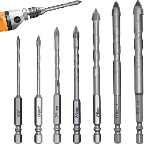 Set di 7 punte da trapano eccentriche a quattro taglienti con dente di sega, punta da trapano in carburo per piastrelle, punta da trapano eccentrica a testa obliqua per vetro, ceramica, legno e metall (1/5)