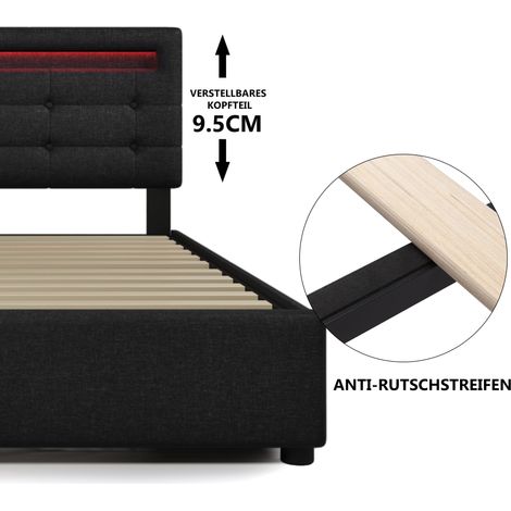 Cadre de lit avec éclairage LED et 4 tiroirs, lit double capitonné 140x200cm, tête de lit réglable en hauteur, sommier à lattes en bois, noir (sans matelas) (1/5)