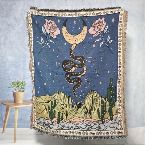 1 tapisserie jacquard bohème à motif rose, lune et serpent – Douce et lavable, grand teint, idéale pour la décoration intérieure, le canapé, le lit et le camping Motif serpent et rose Tissu facile d (1/4)