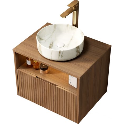 Mueble de baño suspendido 60 cm con lavabo cerámico efecto piedra y LED HOMVRA (1/5)