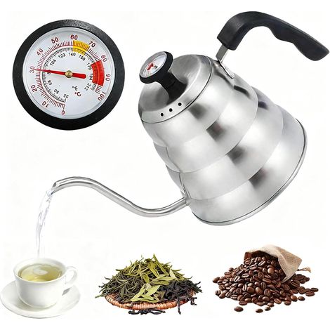 Bouilloire à col de cygne, bouilloire à eau 1L en acier inoxydable avec thermomètre pour méthode Pour Over avec long bec verseur, bouilloire à thé compatible induction adaptée pour café et thé (1/5)