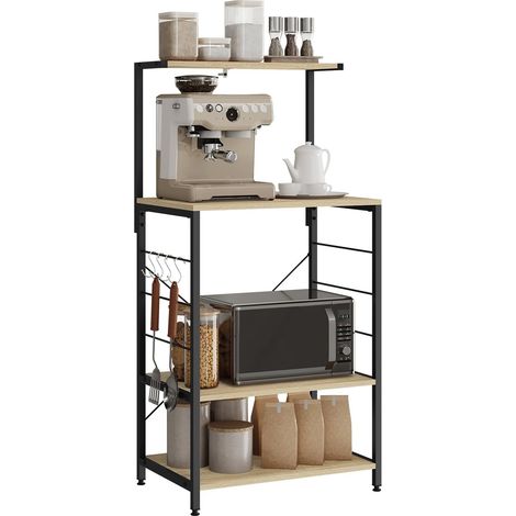 WOLTU Estantería de cocina, estantería de bar, estantería de panadería, estantería de almacenamiento de 4 niveles, 60 x 40 x 123 cm, negro y madera