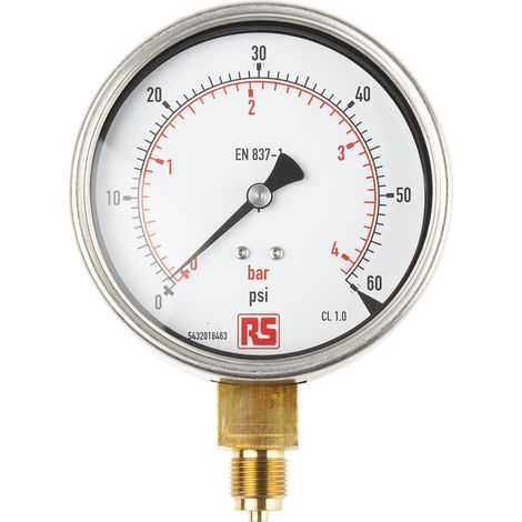 Manomètre RS PRO, 0psi = 60psi, Raccord G 3/8, Ø du cadran 100mm ( Prix pour 1 )