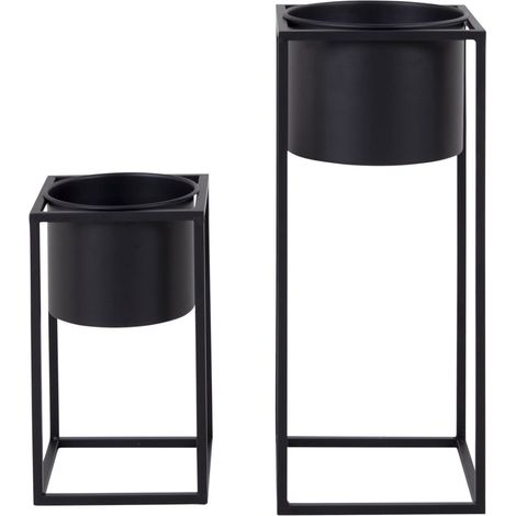 Lot de 2 cache-pots sur pied 17 et 19,5 cm en métal noir (1/5)