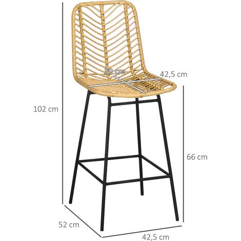 Lot de 2 tabourets de bar avec dossier, style bohème, rotin PE, repose-pieds intégré, 42,5 x 52 x 102 cm, jaune et noir (1/4)