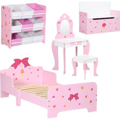 ZONEKIZ 5PCs Kids Furniture Set W/ Bed Toy Box Vanity Table Storage Unit, Pink