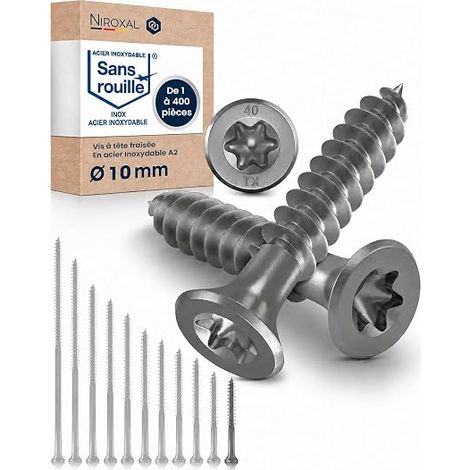 Vis bois inox A2 10 mm x 60 mm – filetage partiel – tête fraisée 90° – TX – vis charpente bois (1/5)