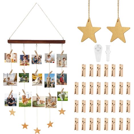 DEECOZY Bilderrahmen mit Klammern und Leine, Fotovorhang mit 30 kleinen Holzklammern, Wandbehang, Bilderrahmen, Collage, Hängender Bilderrahmen für Geburtstag, Hochzeit, Weihnachten, Jubiläum (1/5)