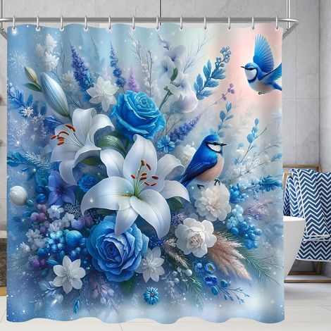 Rideau de douche - 240 x 200 cm - Motif oiseau bleu - Ourlet lesté - Anti-moisissure - Imperméable - Lavable - En polyester - Avec 16 œillets et anneaux de rideau de douche - Pour salle de (1/5)