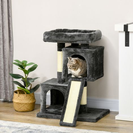 Arbre à chat en sisal et peluche gris foncé, avec plateformes et niches, pour griffer et se reposer, 59 x 39 x 83 cm (1/5)