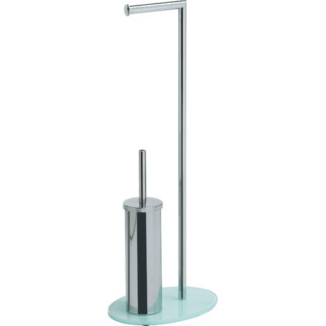 Gedy Golia Piantana Portarotolo e Scopino Bagno WC con Ciuffo in Setole Nere in Nylon, Realizzata in Metallo e Base Ovale in Vetro Bianco, Dimensioni L 20 x P 28 x H 71,8 cm Peso 1,63 kg (1/4)