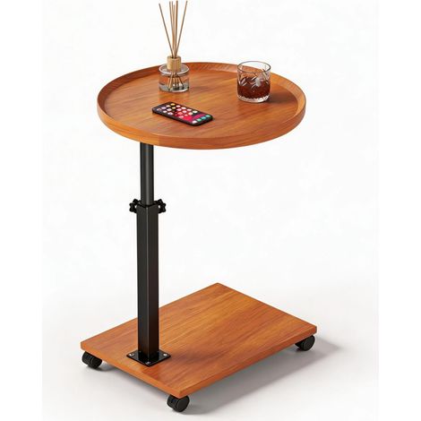 Table d'appoint forme C sur roulettes, hauteur réglable 45-80 cm, pivotante 360°, aspect bois, table canapé et chevet (1/5)