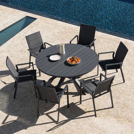 Set tavolo rotondo allungabile Barces 145-200x145 cm e 6 sedie da giardino impilabili in alluminio Karena con braccioli SKLUM