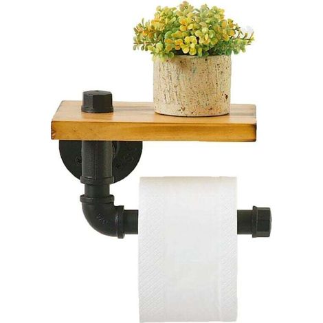 Porte Papier Toilette Industriel Avec Étagère en Bois Et Tuyau en Fonte -Support Mural Rustique Pour Papier Hygiénique en Tuyau de Fer -Porte Rouleau de Papier Rétro Vintage Pour Salle de Bain