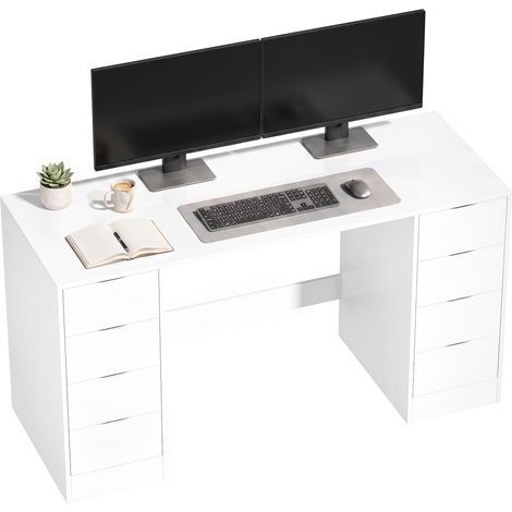 Schreibtisch 140 cm mit 8 Schubladen, moderner Bürotisch mit Stauraum, weiße Holzoptik (1/5)