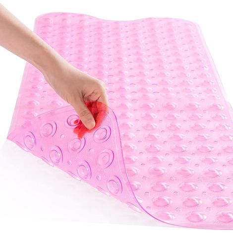 Tapis de bain antidérapant, extra-long 100x40 cm, avec trou de drainage à ventouse, tapis de douche anti-moisissure, rose