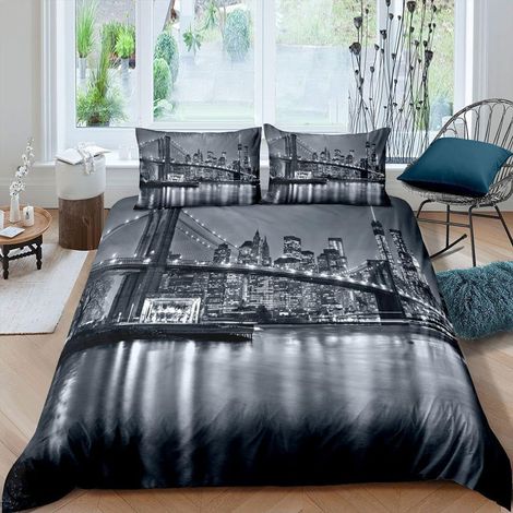Parure de Lit Enfants New York City Noir et Blanc Housse de Couette 220x240cm Ville Image Ensemble de literie (1/5)