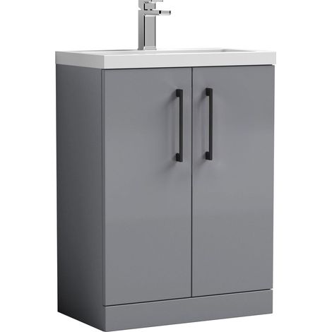 Balterley Bramshall Compact Bathroom Cloakroom Vanity Basin Unit with Polymarble Basin, Black Handles, 600mm, Satin Grey (1/3)
