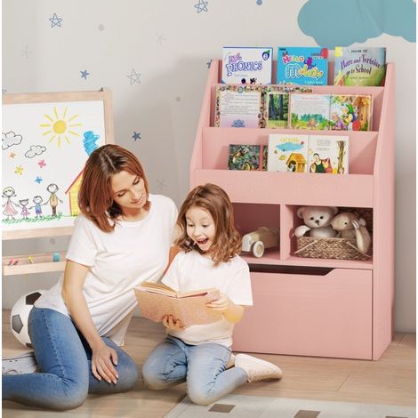 Bibliothèque enfant avec tiroir, 3 niveaux, 2 niches ouvertes, MDF rose, 60 x 29,9 x 90 cm HAVRYA (1/5)