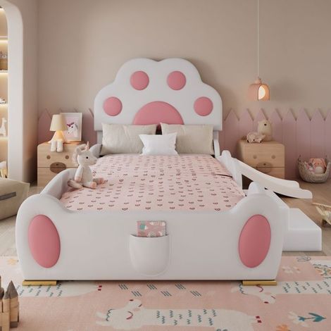 Lit une personne - Capitonné tête de lit « patte de chat » - 90x200 cm - Toboggan + échelle 2 marches - PU bicolore (rose/blanc) (1/5)