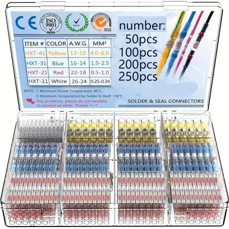 Lntyq 250Pcs Joint de Soudure Connecteur de Fil-Connecteurs Bout à Bout à Souder par Rétrécissement-Kits de Connecteurs à Souder-Bornes de fil Étanches Isolées pour Automobiles et Navires