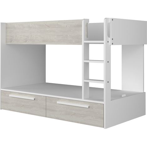 Vente-Unique – Lit superposé 90 x 200 cm – 2 places avec 2 tiroirs – Panneau mélaminé blanc et naturel – Charge max 75 kg (1/4)