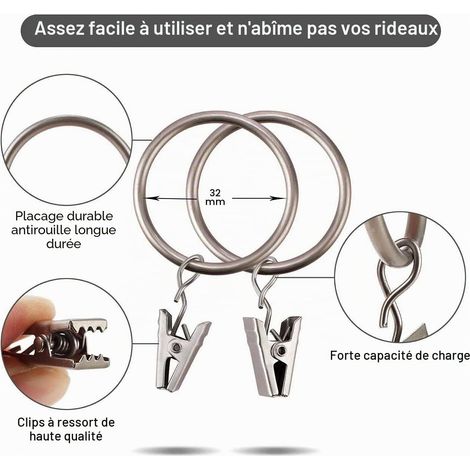 30 Pièces Anneaux de Rideaux en Métal - Pince Rideau Robuste et Antirouille pour Tringle à Rideaux