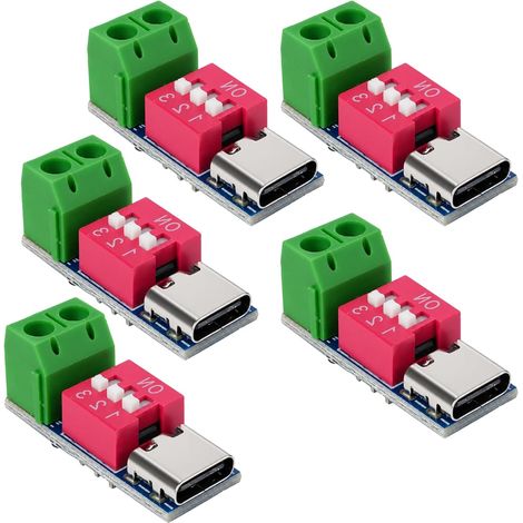 Lot de 5 Modules Déclencheurs USB-C PD, Carte Déclencheur Charge Rapide PD/QC avec Interrupteur DIP, Module Power Delivery USB-C 5V 9V 12V 15V 20V, Compatible PD3.0 PD2.0 QC, pour Projets DIY