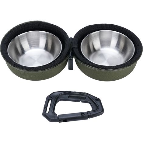 Faltbarer und tragbarer Doppel-Wasser- und Futterspender aus Edelstahl für Hunde, mit EVA-Beutel und Befestigungsclip für Outdoor-Camping, grün. (1/5)