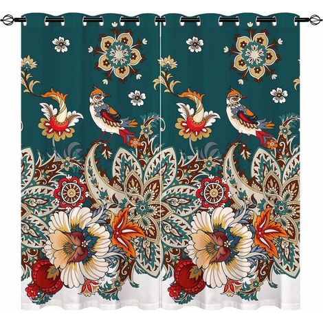 Rideaux - Occultants Thermiques Motif Botanique Rétro Oiseaux & Fleurs avec Feuillage Métalliques Isolants pour Chambre/Salon avec Œillets - 2 Panneaux L140 x H175cm - 140L X 175H cm (2 Panneaux) (1/5)