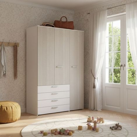 L.135 H.193,8 - Armadio ad ante battenti con appendiabiti e cassetti - Design moderno e funzionale - Bianco e rovere rock