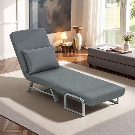 Sillón cama 3 en 1 con respaldo reclinable en 5 posiciones y cojín adicional, sillón moderno en tela efecto lino y metal, 73x78x81 cm, gris oscuro.