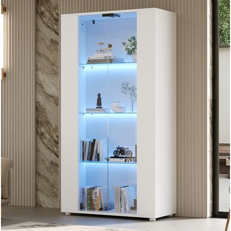 Vetrina con 2 porte in vetro, 4 ripiani e LED regolabile, bianco 80 x 36 x 150 cm OKMYHOME (1/5)