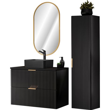 Badezimmer komplett Set, mit ovalem LED Spiegel, Keramik Waschbecken und Hochschrank, schwarz matt gerillt, ADELAIDE-56-BLACK, B/H/T ca. 130/200/46,5 cm (1/5)