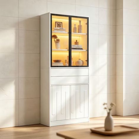 Vitrine haute 70x34x180 cm avec LED Bluetooth, 4 portes dont 2 vitrées, 2 tiroirs, 7 compartiments, étagère réglable, meuble blanc pour salon (1/5)