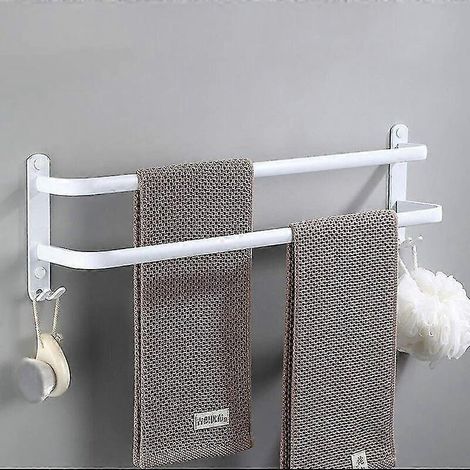 Porte-serviettes mural blanc avec crochets et barres multi-niveaux, design contemporain en aluminium pour salle de bain, hôtel ou cuisine, 2 étages (1/5)