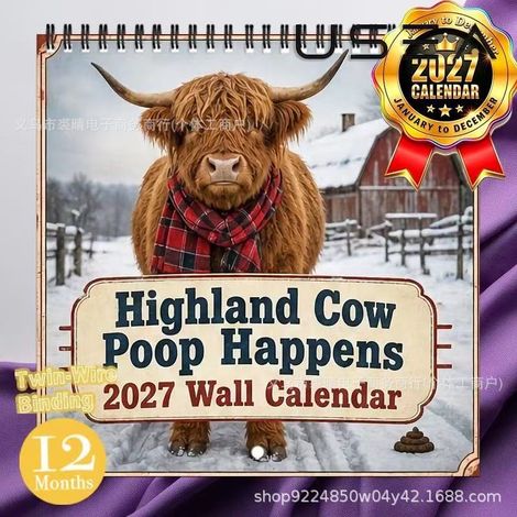 2027 Highland Cow Calendar - Featuring Scottish Cow Designs - 2027 Scottish Cow Design Calendar -