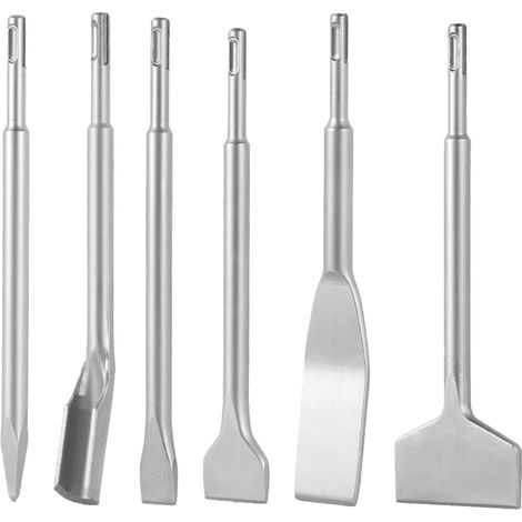 Jeu de Burins SDS Plus, 6 Pièces, Accessoires Compatible avec Marteau Perforateur, 1 Pointu, 1 Gouge et 4 Burins Plats, en Acier Allié 40Cr Trempé, pour Carrelage, Béton, Pierre, Brique (1/5)