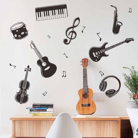 Stickers Muraux Musique Guitare Stickers Muraux Instruments De Musique Autocollant Mural Musique Piano Guitare Décorations Murales Chambre Enfants Bébé Pépinière Salon Salle De Musique (1/5)