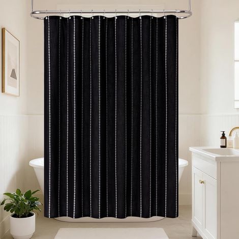 Rideau de Douche Bohème à Bande, Tissu Polyester-Lin à Bande, Revêtement Imperméable Rideaux de Douche pour Salle de Bain Style Campagnard Rustique Shabby Chic Neutre, 182 x 182 cm