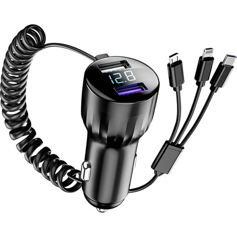 Chargeur de voiture numérique 2025, 1 à 3 ports USB avec câble, charge ultra rapide 100 W, compatible avec Android, iPhone, appareils Type-C (B)[RM] (1/5)