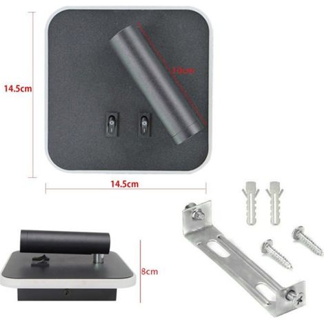 Applique LED, applique de lecture de chevet, liseuses murales LED 12W, spot orientable (3W + 9W 3000K lumière chaude) noir (carré) (1/4)